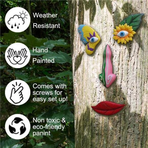 Tree Faces Decor ,Funny Tree Faces Sculpture, Colorful Fence Decorations Outdoor - Picture 2 of 7